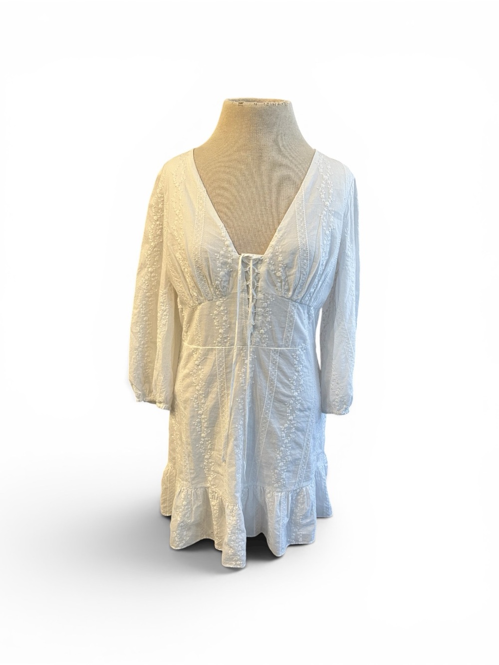 Shabby Chic White V-Neck Lace Detail Dress